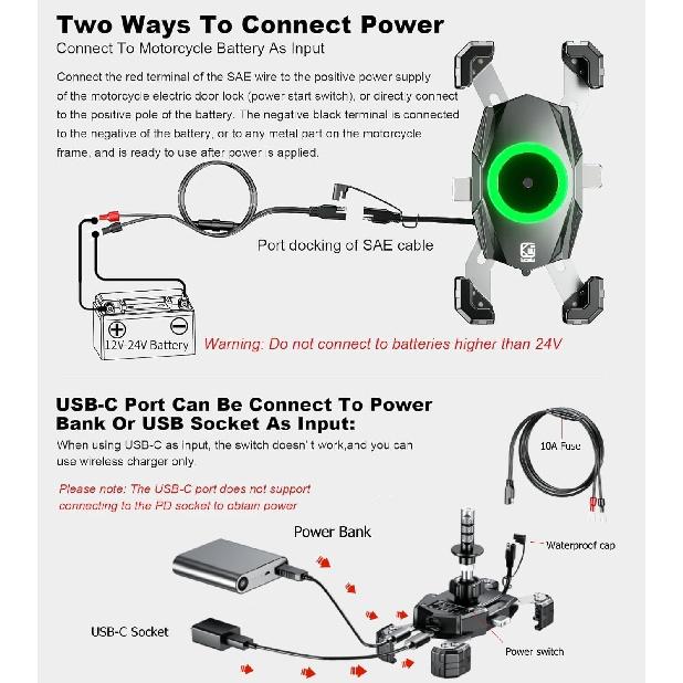 Kewig Motorcycle Fork Stem Phone Mount With Qi 15W Wireless Charger & USB C 20W Fast Charging Port, One-Push Automatically Lock & Quick Release