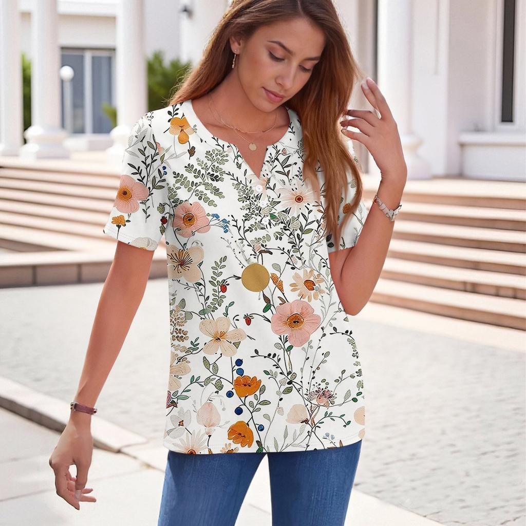 Sommer Oberteile für Damen Knopfleisten Blusen für Damen Elegant Lässig V-Ausschnitt T-Shirts