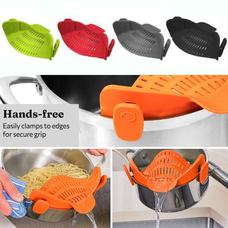 On Strainer Clip Pan Silicone Pot Drainer Fruit Colander Food Kitchen Filter