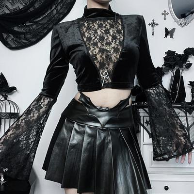 Emo Alt velours T-shirt femmes Vintage centre commercial gothique dentelle Patchwork manches évasées haut court Coquette élégant Outfts Femme
