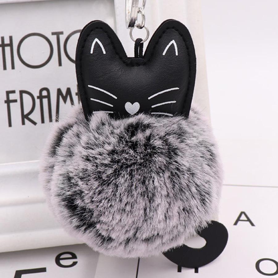 Adorable Black Kitten Keychain with Faux Fur Ball Charm - Cat Plush Toy Accessory