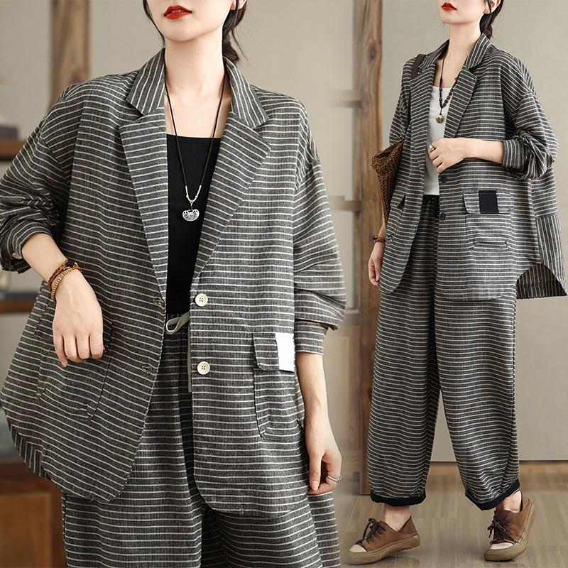 DIMANAF Plus Size 2025 Spring Pants Suits Women Stripe Sets Suits Loose Blouse Shirts Long Pants Clothing