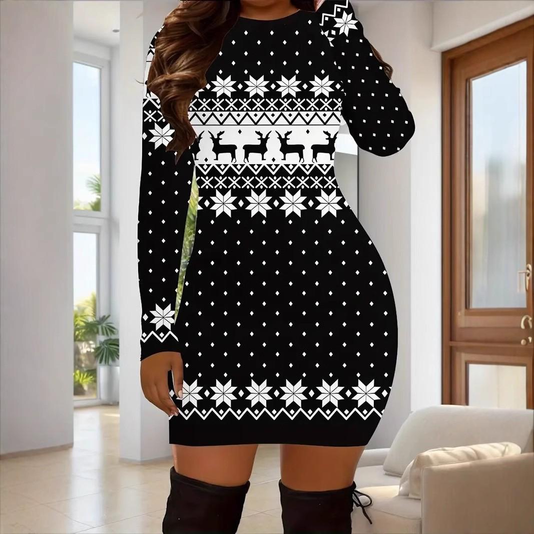 women s Christmas Print Long Sleeve Striped Bodycon Mini Knit Casual Dress S