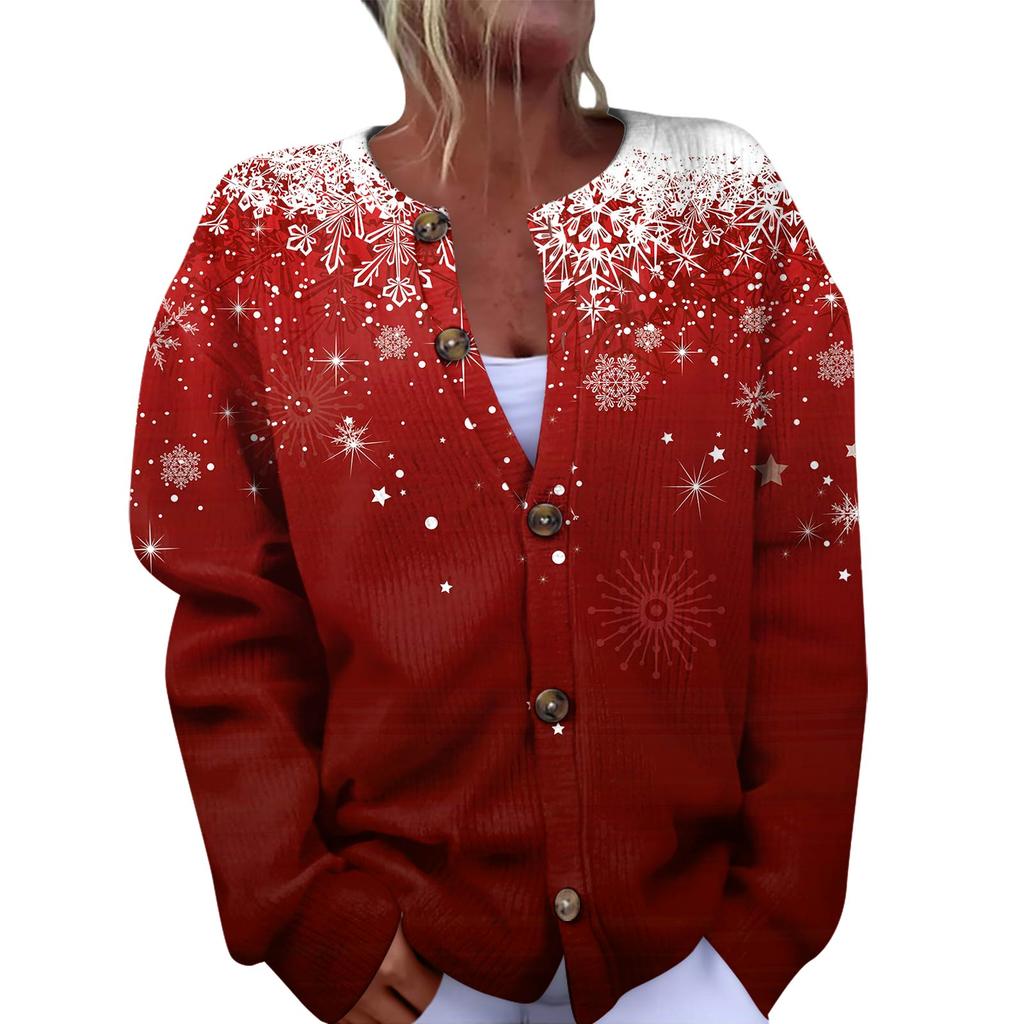 Women's Fashion Christmas Printed Long Sleeve Knitted Cardigan Button Down Jacket
