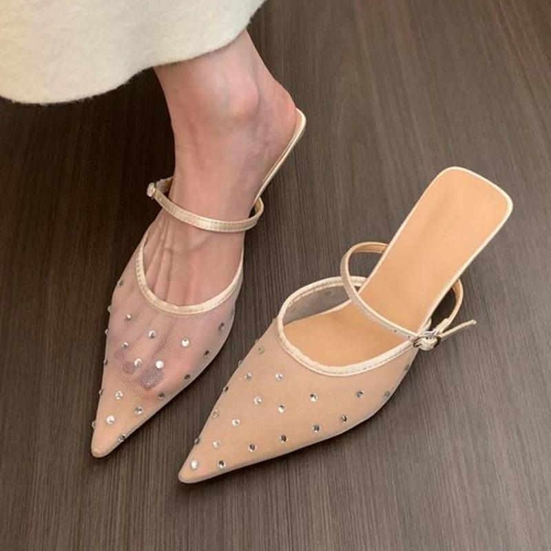 Luxury Women High Heels Slippers Crystal Pointed Toe Mules Shoes Women's Sandals Elegant 2025 Summer Fad Slides New Ladies Shoes