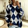 Women's Argyle Sweater Lapel Collar Long Sleeve Knit Pullover Casual Loose Top