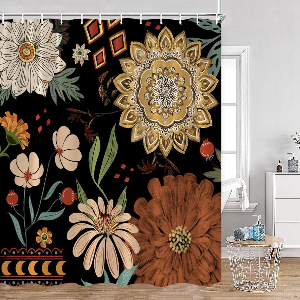 Colorful Flowers Shower Curtains Retro Flowers Bohemian Style Plants Botanical Bathroom Curtain Modern Minimalist Bath Curtain