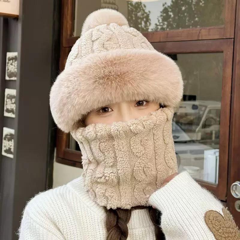 **Stor Hovedstørrelse Integreret Hue Kvinder Efterår Vinter Fleece Fortykket Ansigtsdækning Strikket Hue Halsedisse Maske Varm Pullover Balaclava**