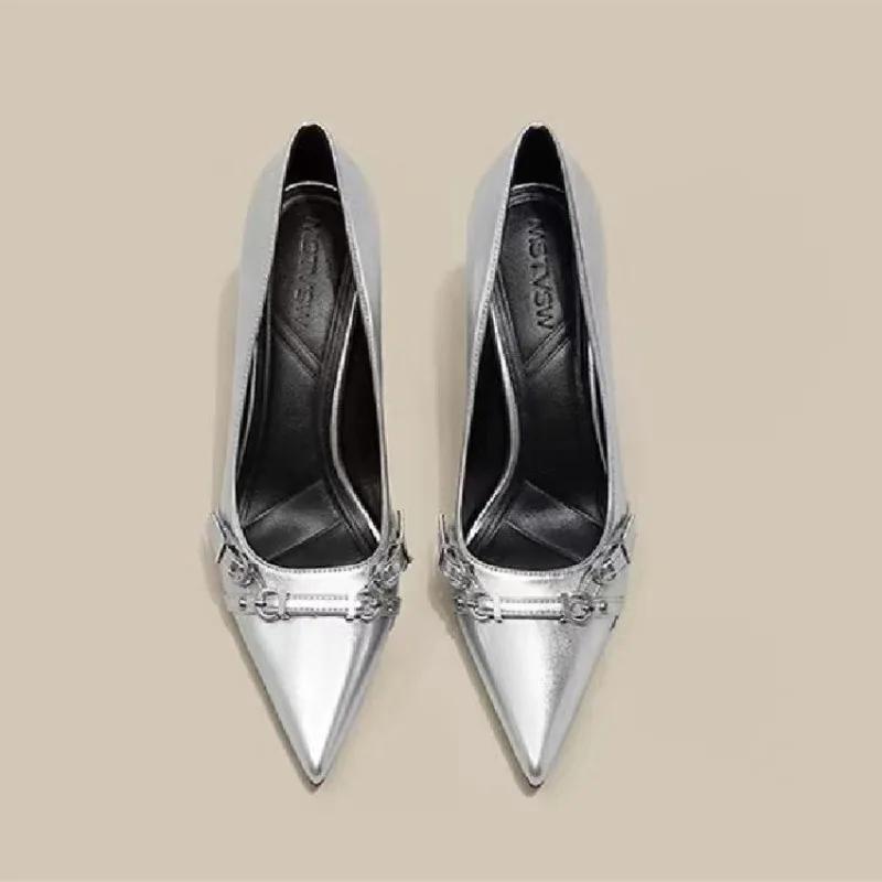 Women's Fashion Thin Heel Shoes Autumn New Pointed Head Shallow Mouth Metal Buckle a Slip-on High Heels