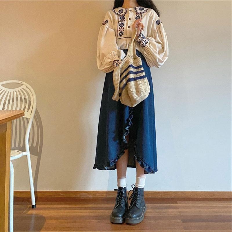 Retro Embroidered Denim Shirt & Lace Asymmetrical Fishtail Skirt Set for Spring & Autumn