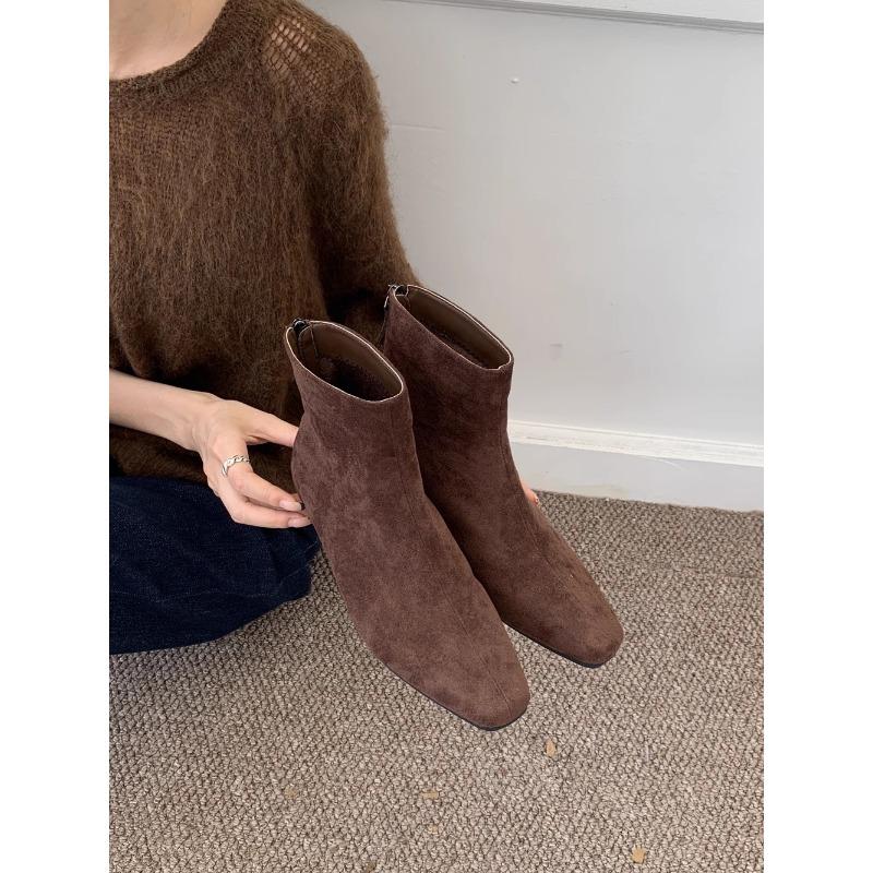 Coarse Heel Suede Square Head Short Boots Women's Autumn and Winter New Warm Velvet Women's Boots Thin Boots Fashion Boots