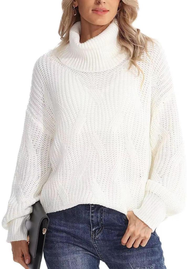 Women's High Neck Cable Knit Pullover Sweater - 2024 Autumn/Winter Collection
