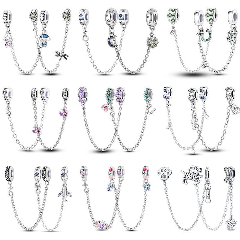 Breloque Chaîne de Sécurité Étoiles et Lune Trèfle à Quatre Feuilles en Cuivre pour Bracelet Authentique DoItYourself Bijoux Cadeaux