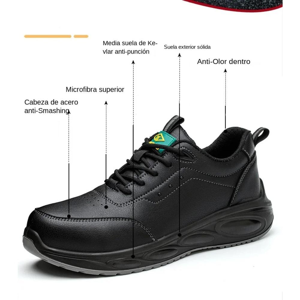 Sikkerhetsarbeidssko i svart skinn for menn, knusesikre, punkteringssikre, beskyttende joggesko, uknuselige, oljebestandige herresko