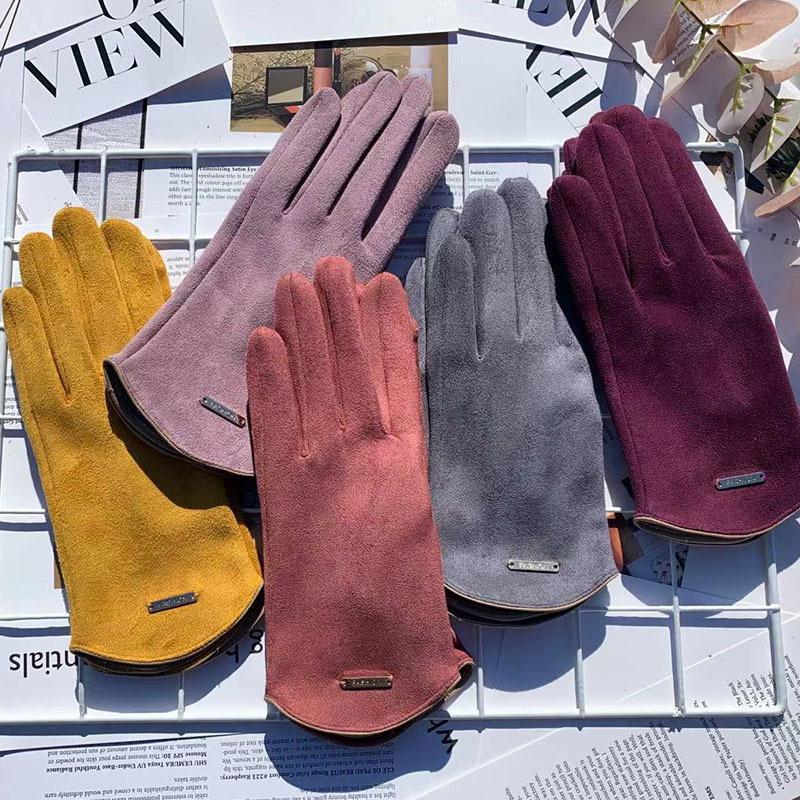 Suede Thermal Gloves Fleece Thickened Driving Gloves Outdoor Sports Touch Screen Split-Finger Gloves Women