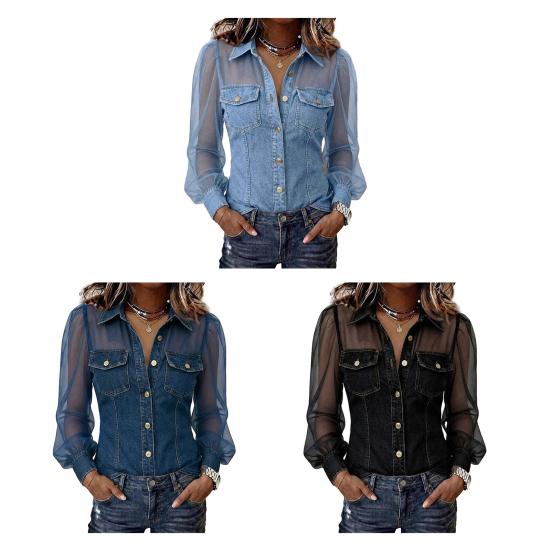 Dame Skjorte Gjennomsiktig Mesh Lappeteppe Kald Skulder Langermet Denim Topper Krage Knapper Stolpe Skjorte Country Konsert Klær