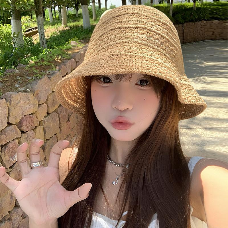 Hollow Straw Bucket Hat Women's Summer Thin Breathable Foldable Bucket Hat Sunshade Sunscreen Hat