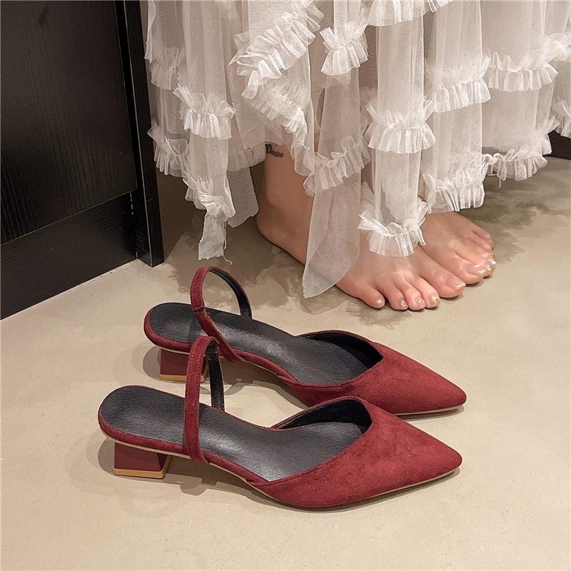 Fashion Square Heel Slippers Summer New Pointed Toe Shallow Mouth One Belt Non-slip Wear-resistant Kitten Heel Shoes