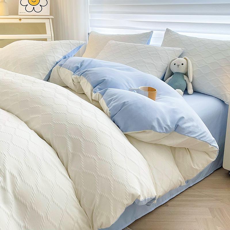 Washed Cotton Four-piece Set, Simple Bed Sheet Quilt Cover, Dormitory Pure Cotton Solid Color Three-piece Set