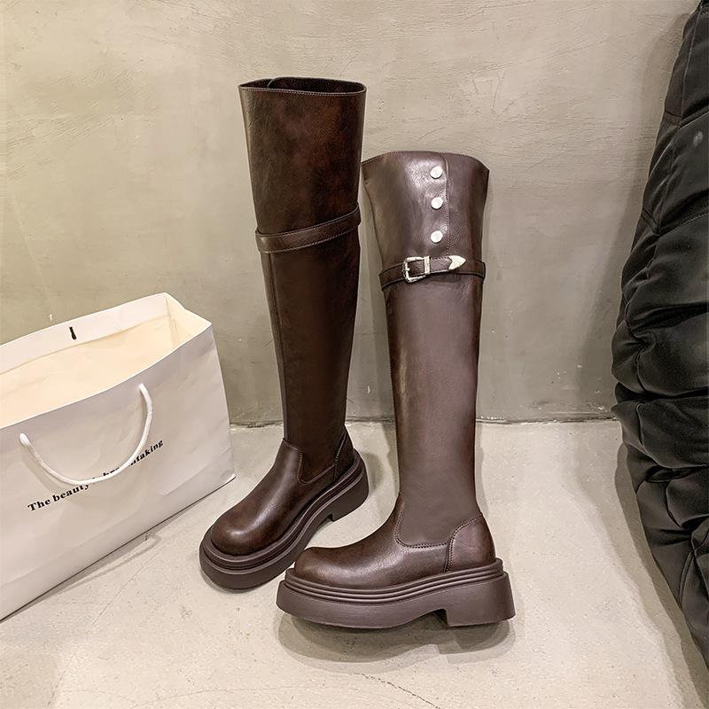 

Кожаные сапоги детские осень-зима 2025 новые сапоги четыре носить сложенные на толстой подошве на толстом каблуке до колена рыцарские сапоги 40