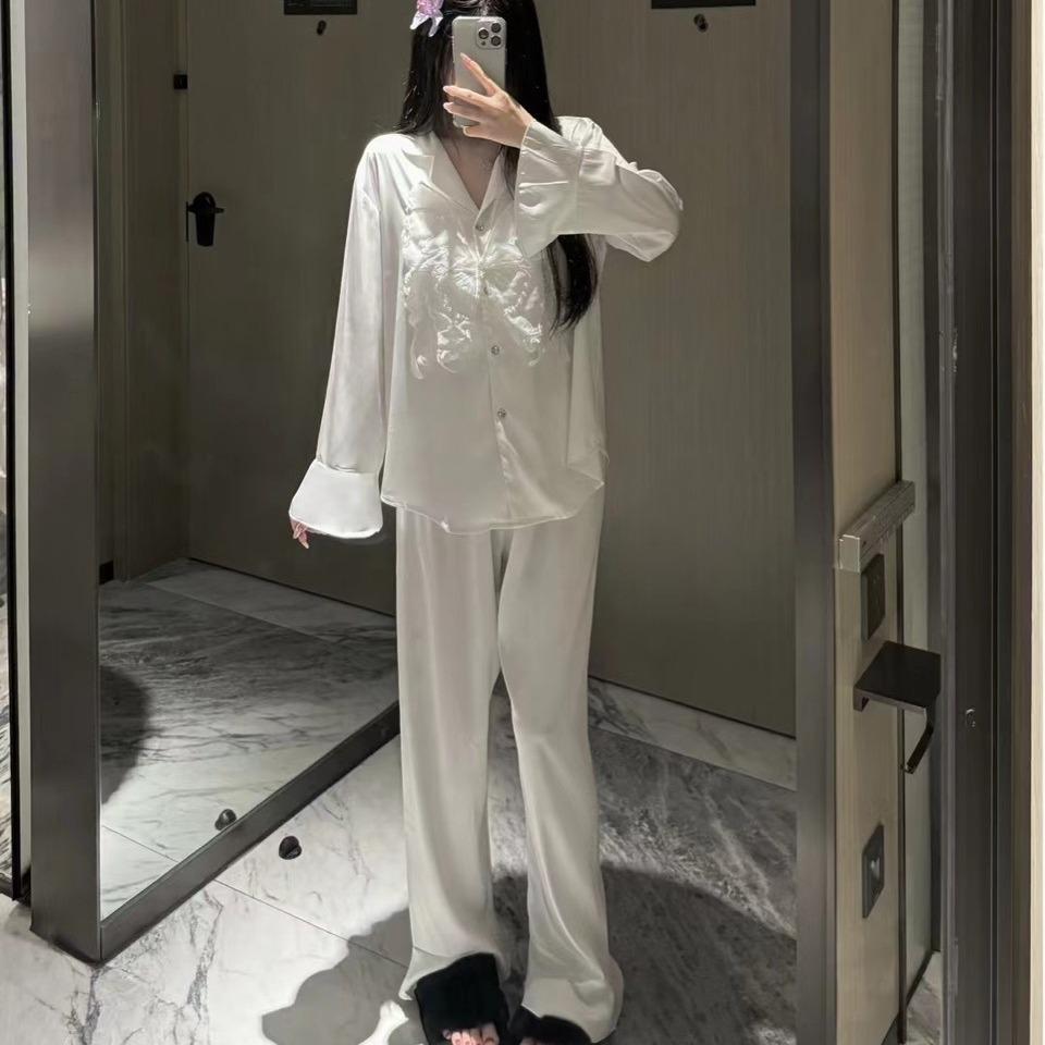 Sexy pajamas women's ice silk butterfly long-sleeved trousers, new models can be worn outside, solid color silk loungewear