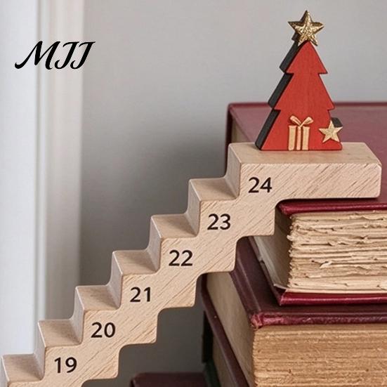 Reusable Wooden Calendar Christmas Staircase Countdown Calendar, Ornament with Santa Claus Gift for Kids Doll, 24 Days Advent Holiday Bookshelf