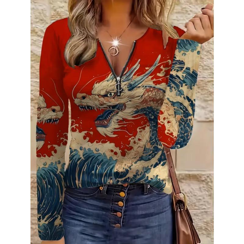 Women's elegant printed zipper long-sleeved top, stylish and versatile for autumn and winter casual and office wear, machine washable