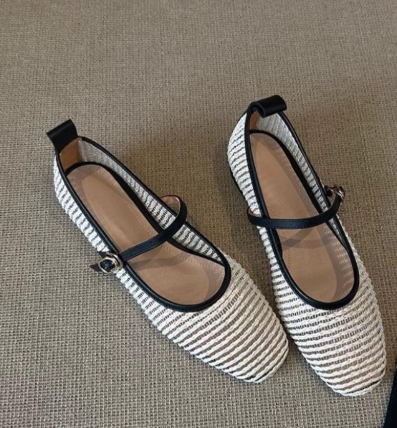 Fashion Summer Vintage Woven Mary Jane Flats Super Soft Mesh Anti-Slip Wear-Resistant Round Toe Shallow Strap Single