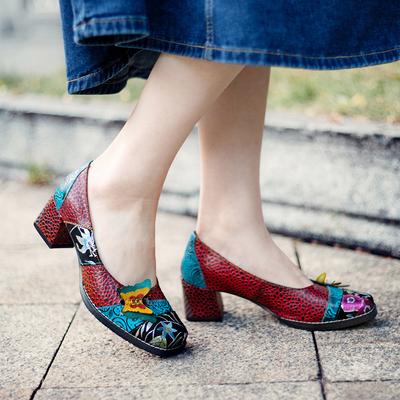 Couro genuíno retalhos salto alto retro em relevo pintados à mão bombas versáteis sapatos femininos