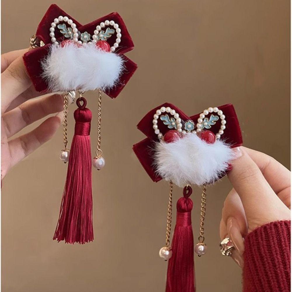 Plush Lion Dance Hairpin Cloth Hanfu Hair Clip Sweet Red Velvet Bow Hairpin  Girls