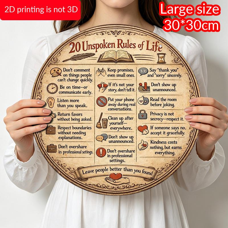 2D Flat, 1pc Round Aluminum Hanging Sign, Vintage Plaque about "20 Unwritten Rules of Life", Inspirational Quotes Wisdom Sayings Life Principles