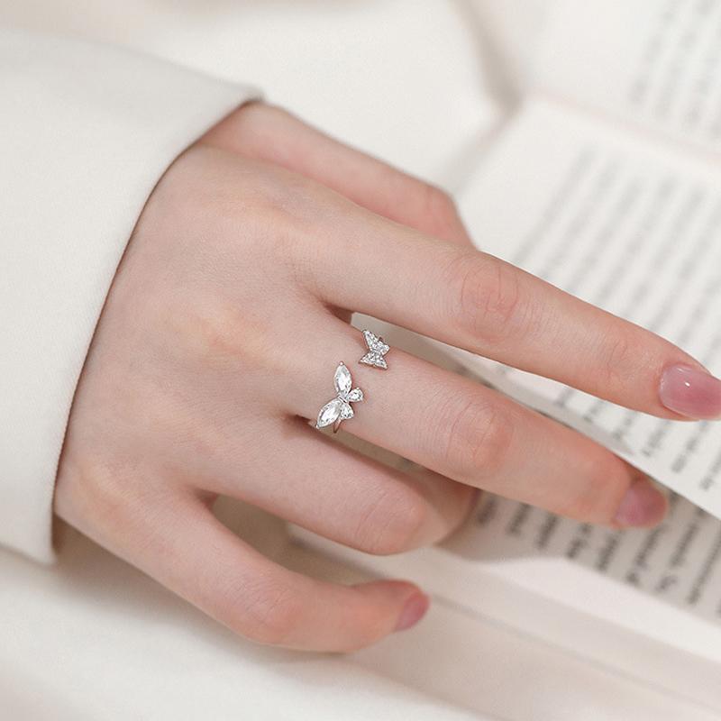 New Fashion 925 Silver Fine Double Butterfly Zircon Adjustable Rings Women&Girl Jewelry Rhinestone wishbone Finger Ring