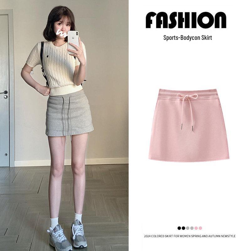 2026 Spring Korean Style Women's Gray Sporty High Waist Skirt - Casual Hip Wrap Sweatshirt Dress