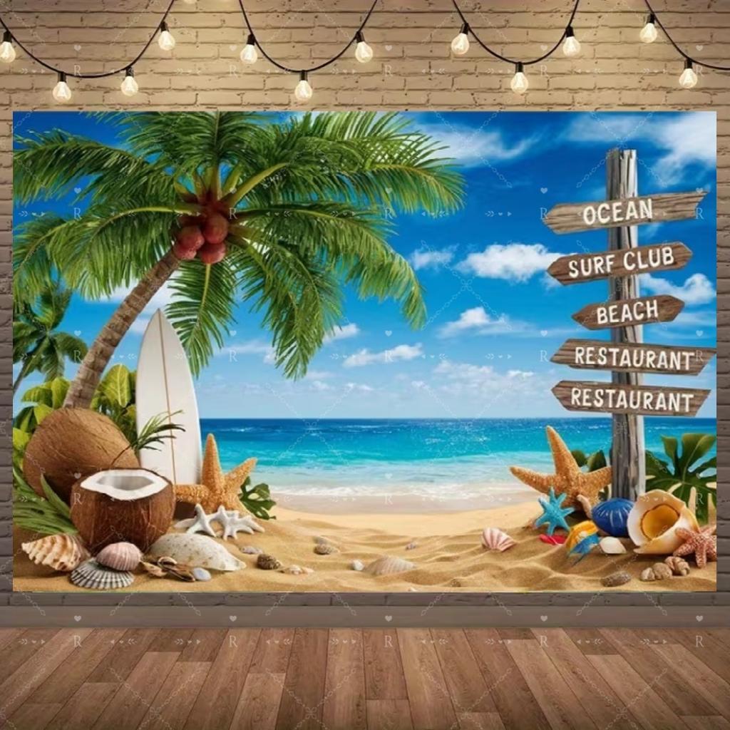 Summer Beach Holiday Party Decoration Backdrop Sunshine Flamingo Ocean Surfboard Portrait Photography Background Props Banner