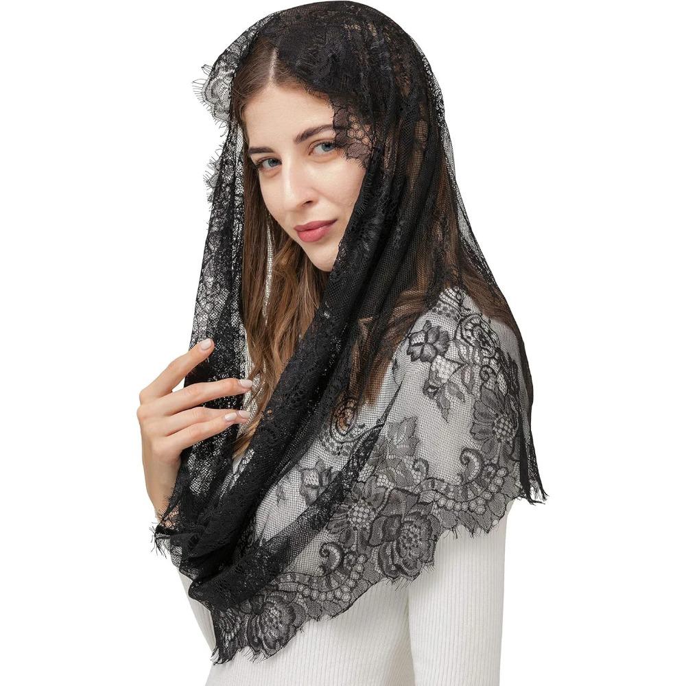 Black Lace Veil Spanish Style Lace Traditional Vintage Inspired Infinity Shape Mantilla Veil Latin Mass Head Covering