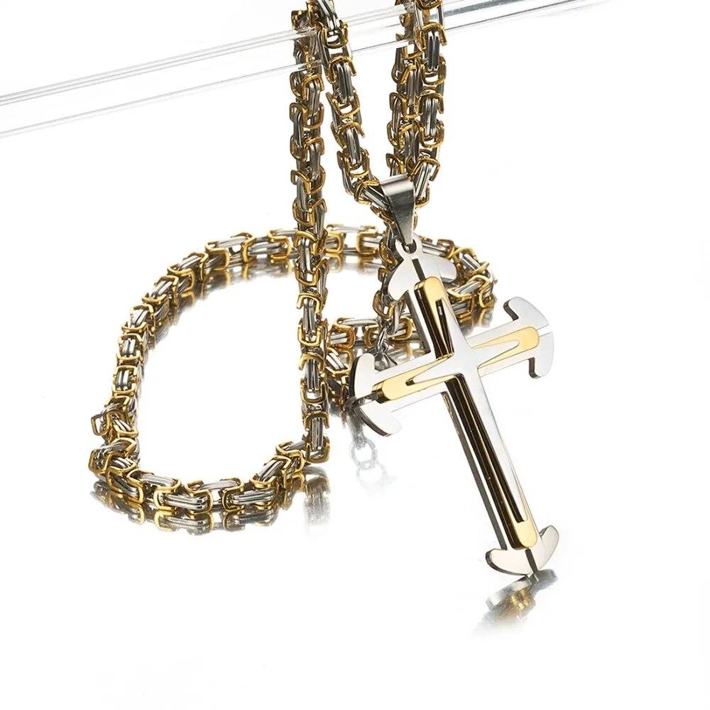 Christ Cross Pendant Necklace For Men Women Silver Gold Color Stainless Steel Byzantine Mens Chain Necklaces