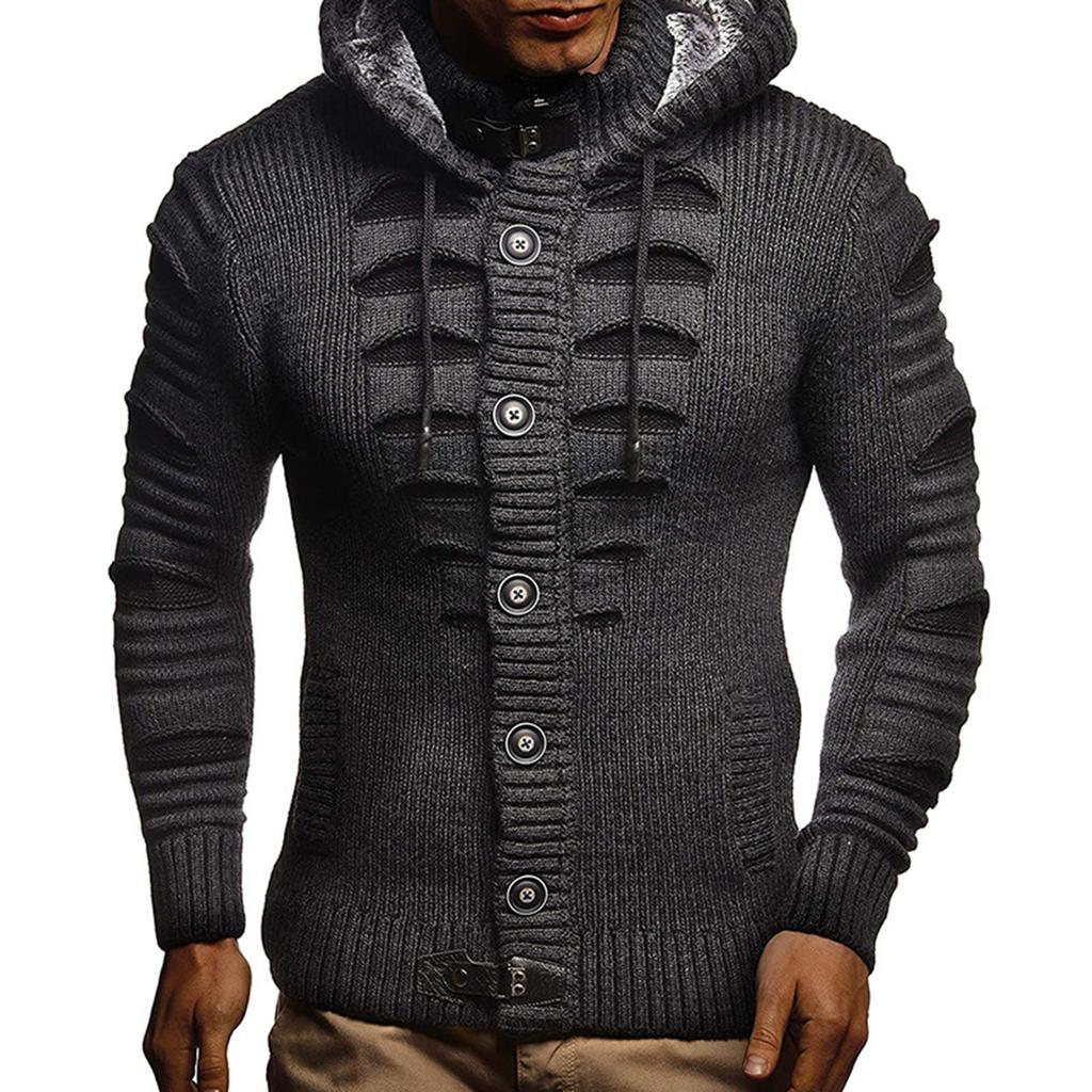 Men's Solid Color Button Sweater Men's Hooded Knitted Fleece-lined Cardigan Jacket