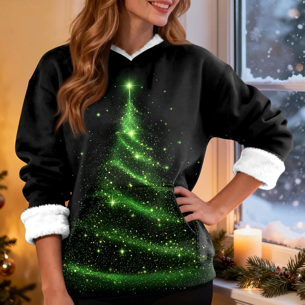 Women's Casual Fashion Plus Velvet Thickened Christmas Print Hooded Sweatshirt