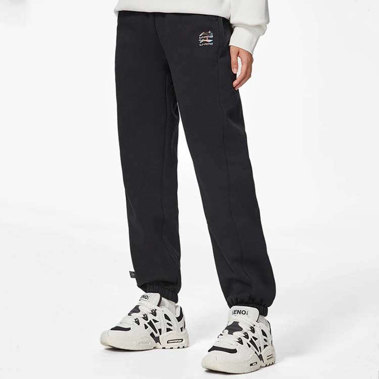 Li Ning Sports Trend Series Logo Print Elastic Waist Cuffed Warm Fleece Joggers Women Joggers Black AKLSB42-3