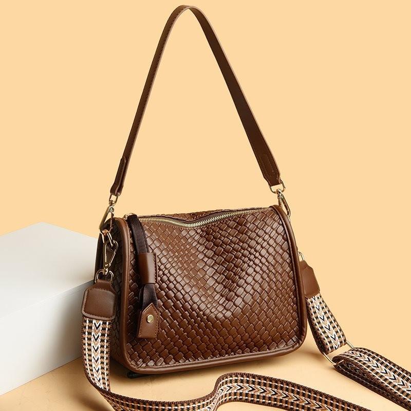 Stylish Woven Leather Shoulder Bag For Women With Wide Strap And Large Capacity