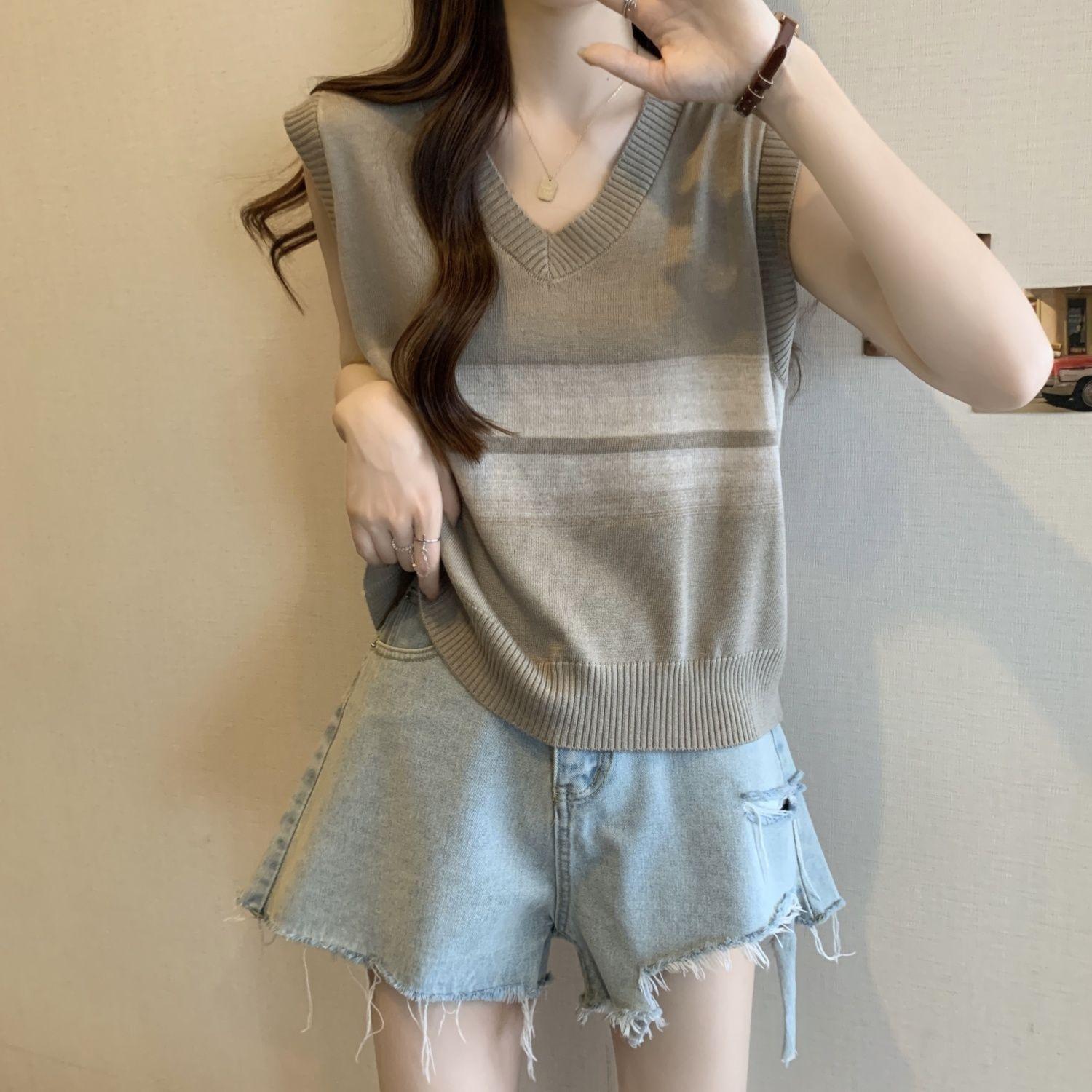 

Женский летний жилет из ледяного шелка большого размера с V-образным вырезом, цветной блок, свободного кроя, скрывающий живот, без рукавов, верхняя одежда 2XL хаки