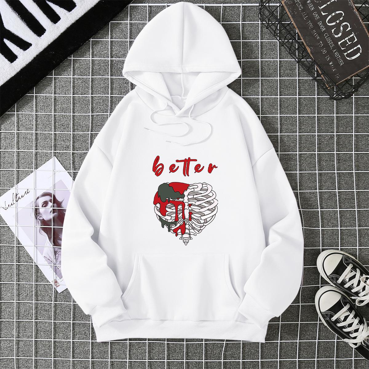 

Printed hooded long-sleeved women s sweater large size loose casual S белый