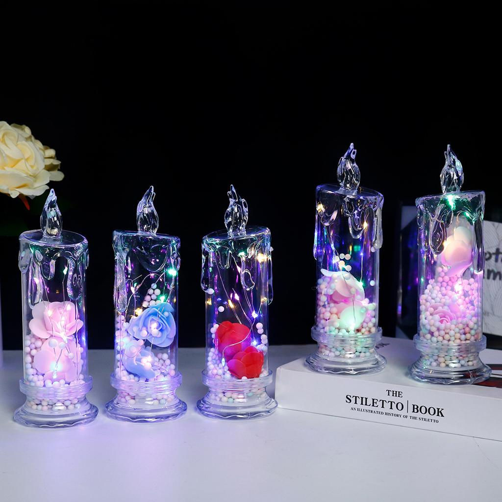 LED Electronic Candle Clear Rose Night Light Valentines Day Decor Best Gift For Girlfriend Home Decorative Atmosphere Ornament