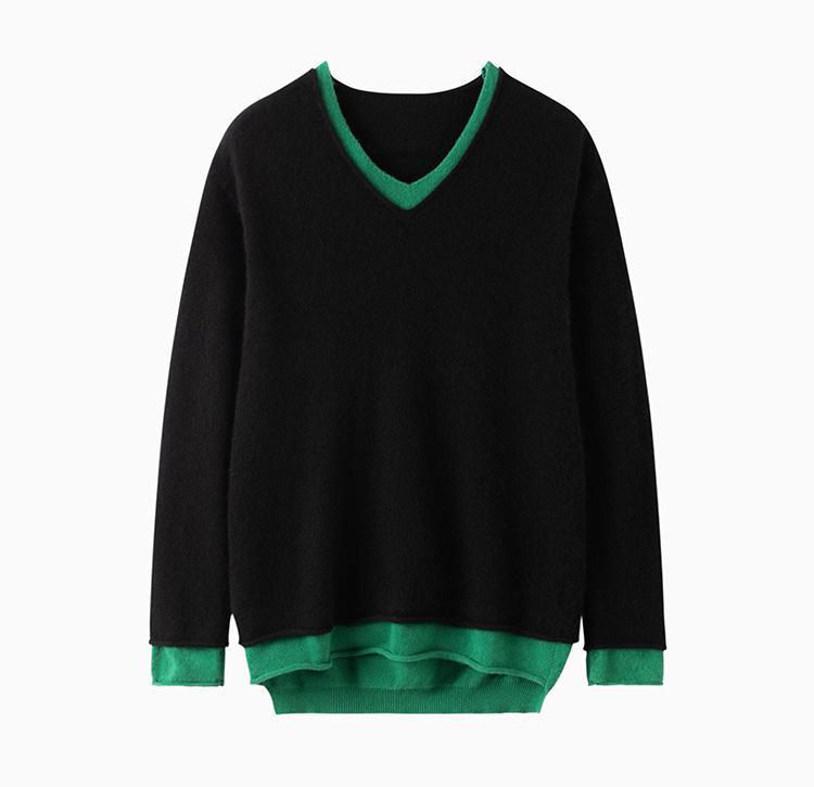 Women's V-Neck Color Block Cashmere Pullover Sweater - Casual, Relaxed, Long Sleeve, Two-Piece Look