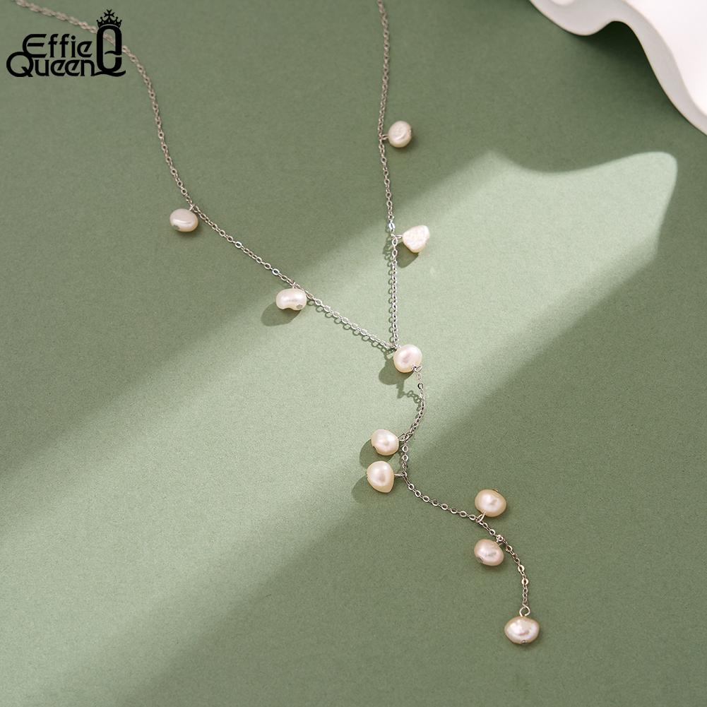EFFIE QUEEN Classic Baroque Pearls Y Shape Chain Necklace for Women 925 Sterling Silver Collar Choker Wedding Jewelry Gift BQN29