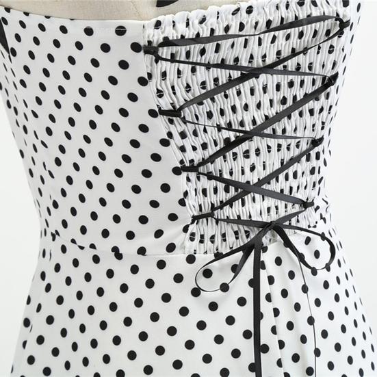 Dot Print Off Shoulder Backless Bowknot Decor A-Line Gown Dress Halter Bandeau Skater Hem Party Dress Female Clothing