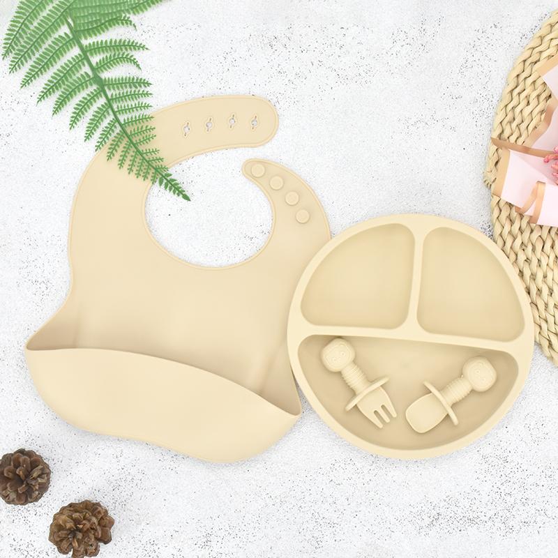Baby-Fütterungsset aus Silikon, Babygeschirr, BPA-frei, leicht zu reinigen, Kindergeschirr, wasserdicht, Löffel und Lätzchen, Kinder-Trainingsset