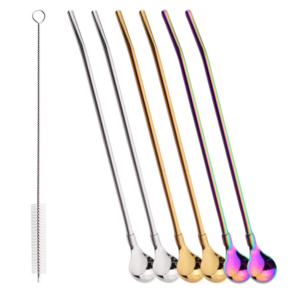 7Pcs Milkshakes Cocktails Coffee Juice Straw Set 2-in-1 Stainless Steel Straw Spoon Set Reusable Drinking Straws Bar Accessories