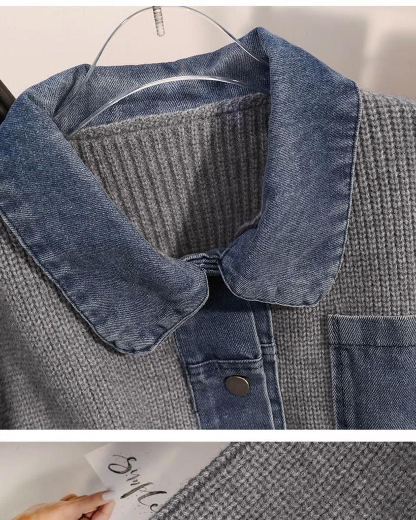 2025 Retro Denim Collar Knit Cardigan: Women's Loose Fake Two-Piece Short Design