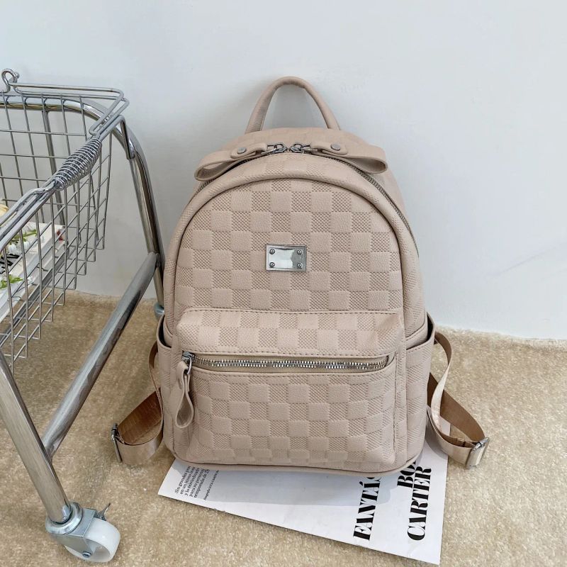 

Вместительный клетчатый рюкзак женский 2025 новая мода простой текстуры мягкая кожа студентка колледж стиль рюкзак для поездок на работу Khaki | Small size